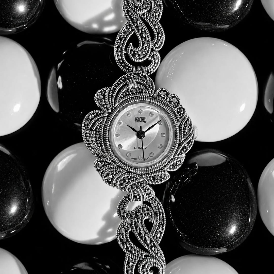 Sterling silver marcasite watch handcrafted by Silverline and Co